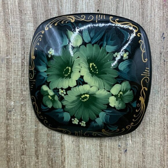 Russian Vintage Square Hand Painted Floral Themed Brooch Pin - Picture 1 of 8